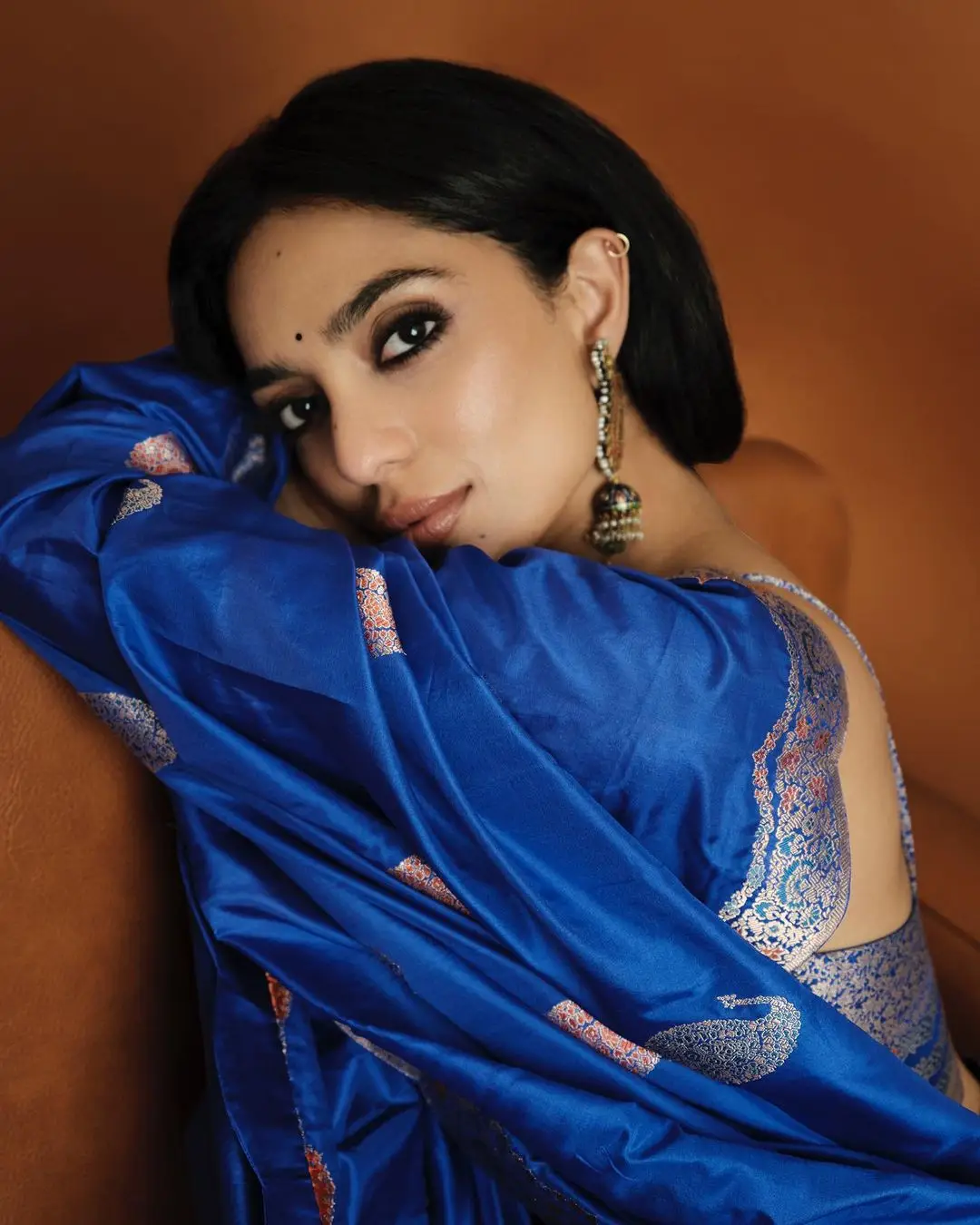 Sobhita Dhulipala Photos in Blue Saree Sleeveless Blouse